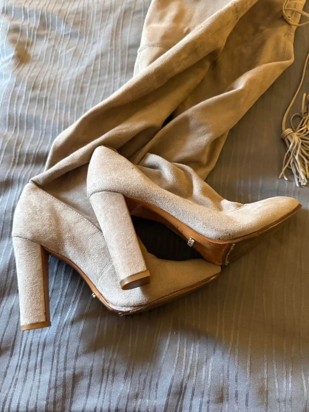 Shutz Over-the-Knee Suede Block Heel Boots in Taupe 7.5 B tassels